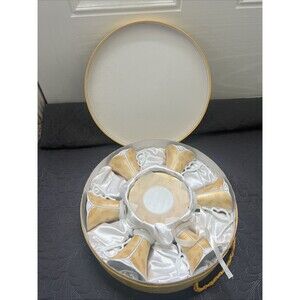 CLASSIC COFFEE DESIGN BY YEDI SET OF 6 GOLD & WHITE PORCELAIN CUP & SAUCERS NIB